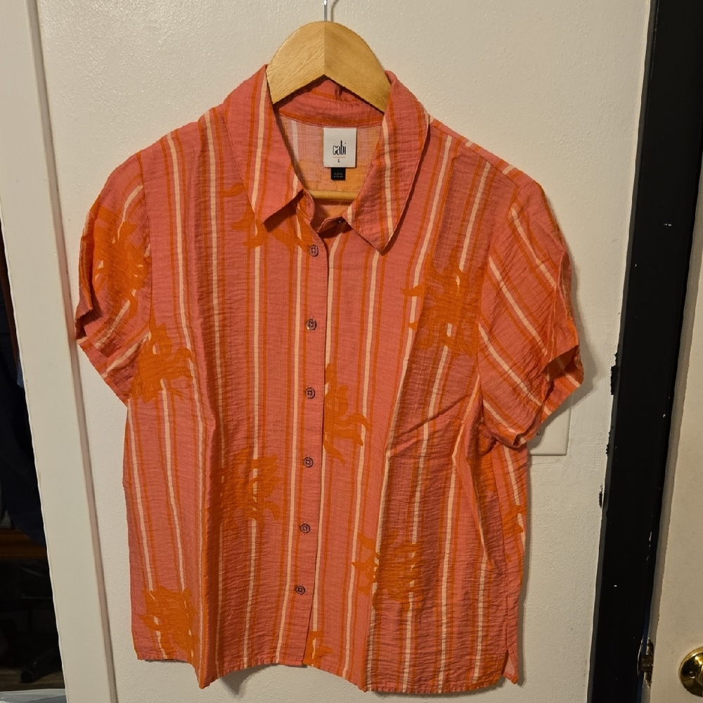 CAbi Coral and White Striped Blouse